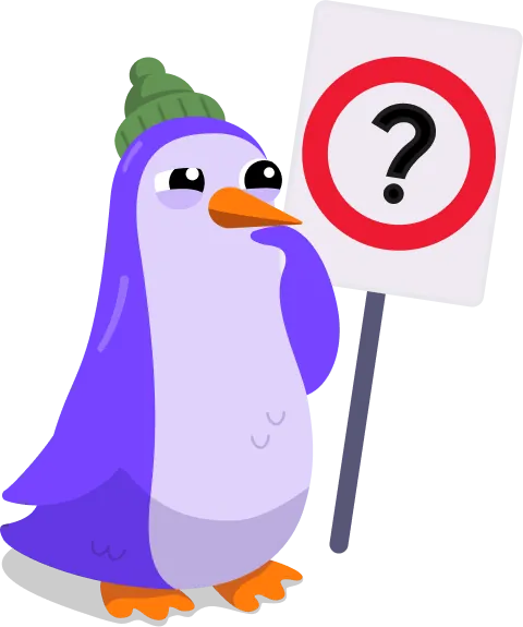 Pebbles holding a sign with a question mark