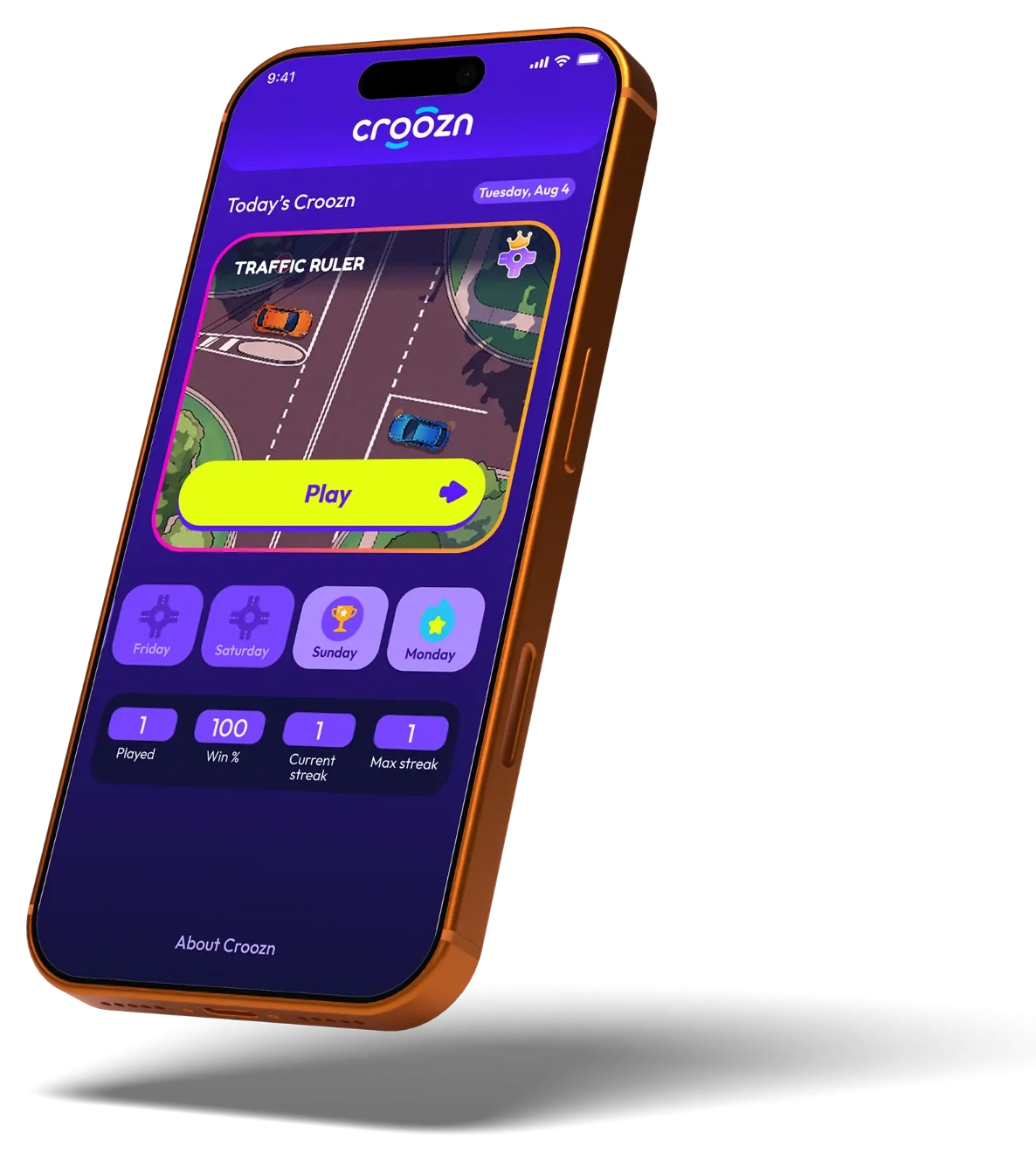 The Croozn app on a phone, showing today&rsquo;s Traffic Ruler challenge with a Play button