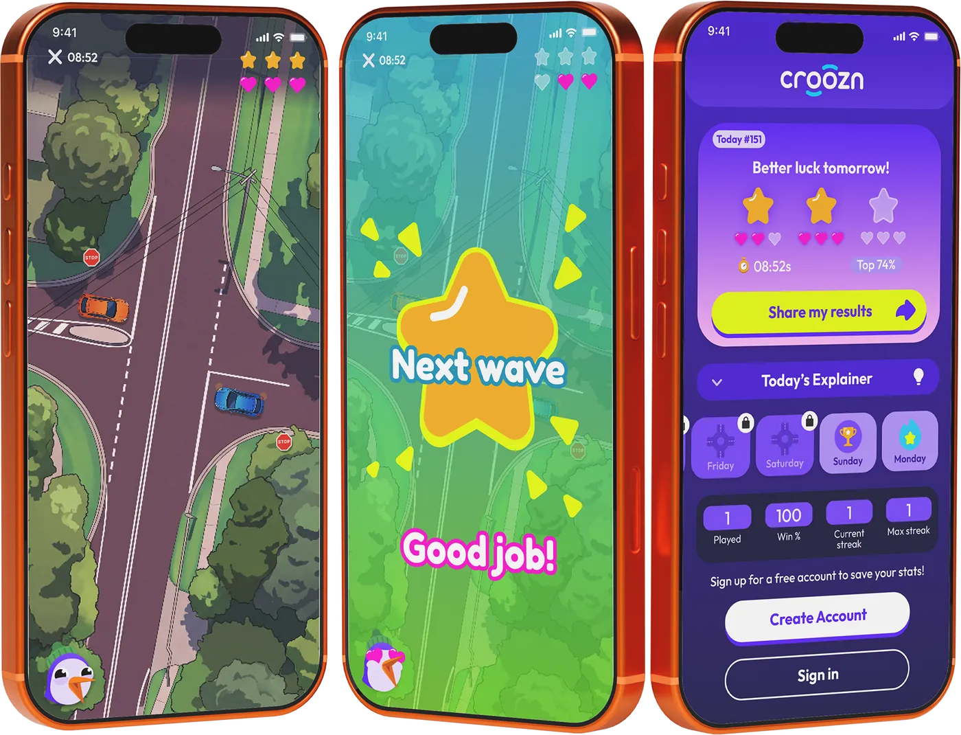 The Croozn daily game on three phones
