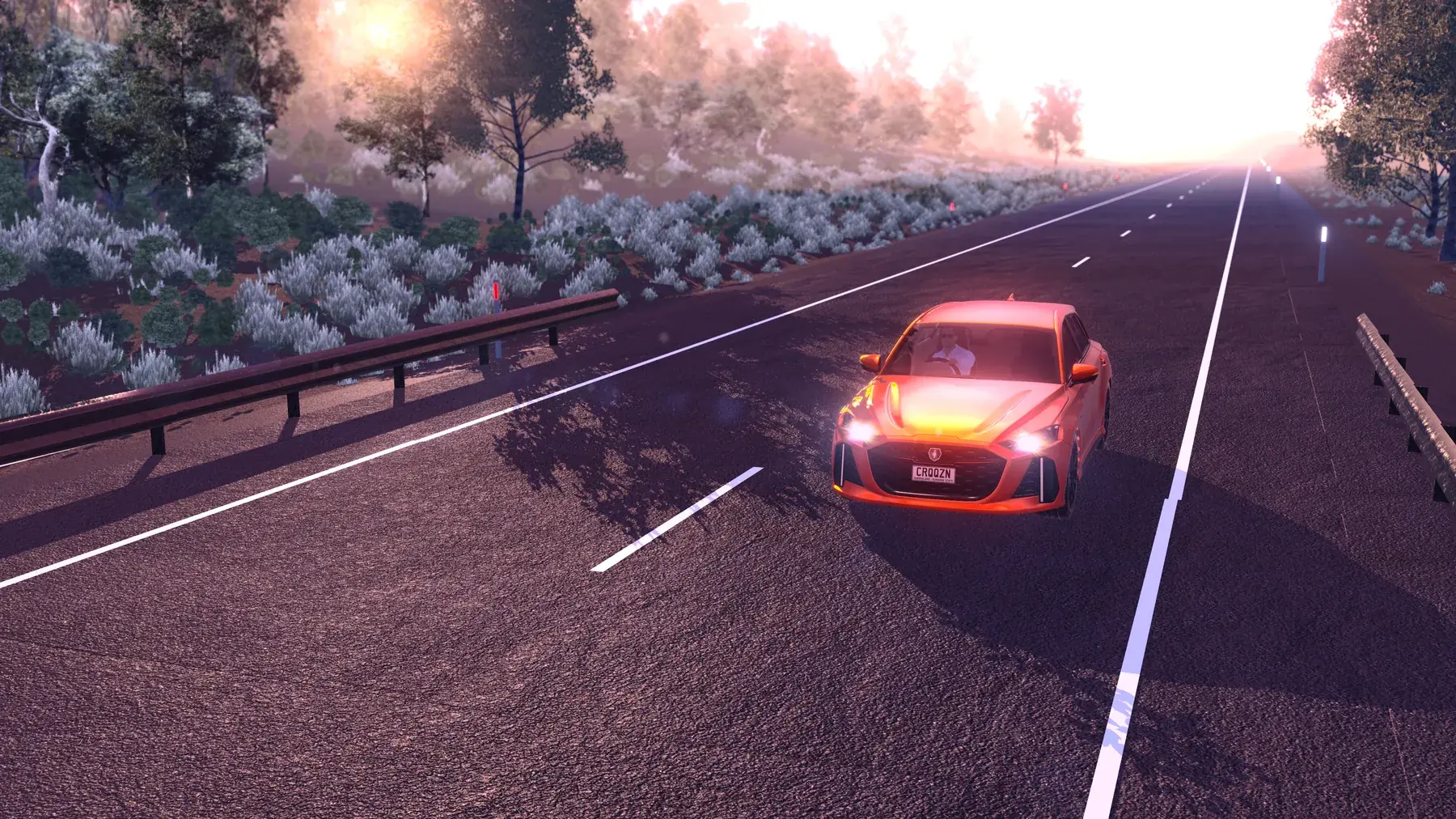 The Croozn car on a country road at sunrise, rendered in microVerse