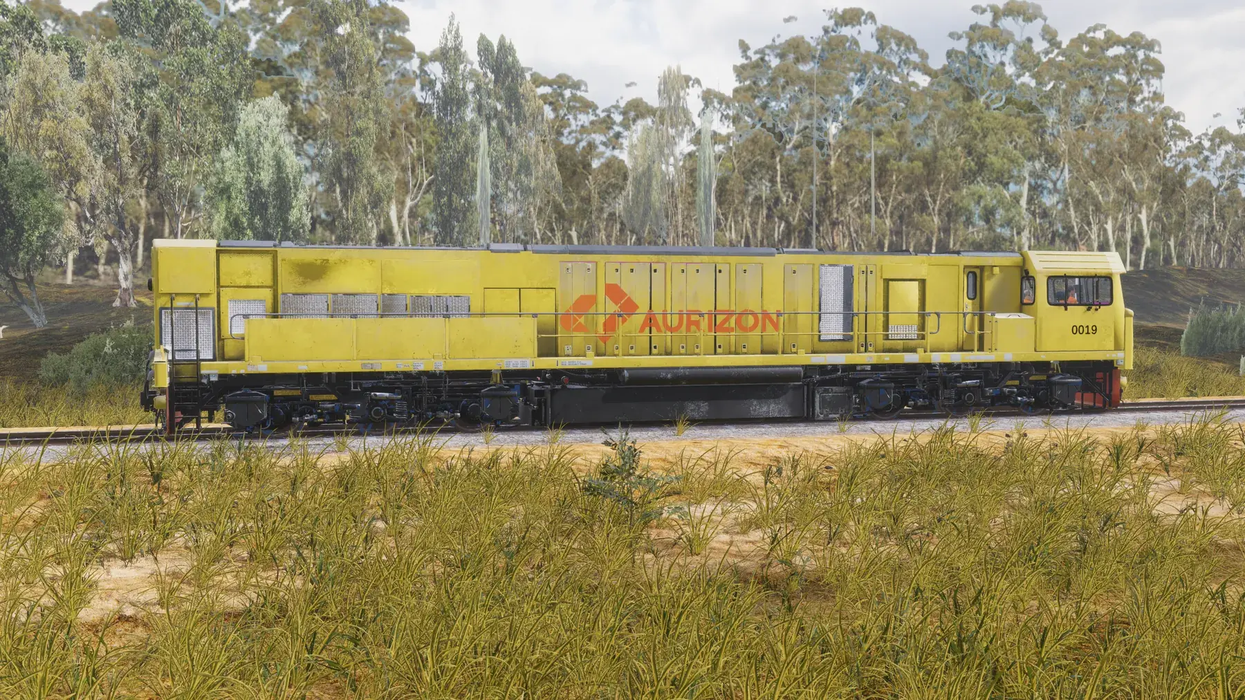 An Aurizon locomotive on a country line, rendered in microVerse