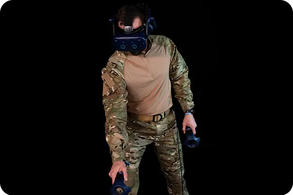 A trainee in uniform using a VR headset