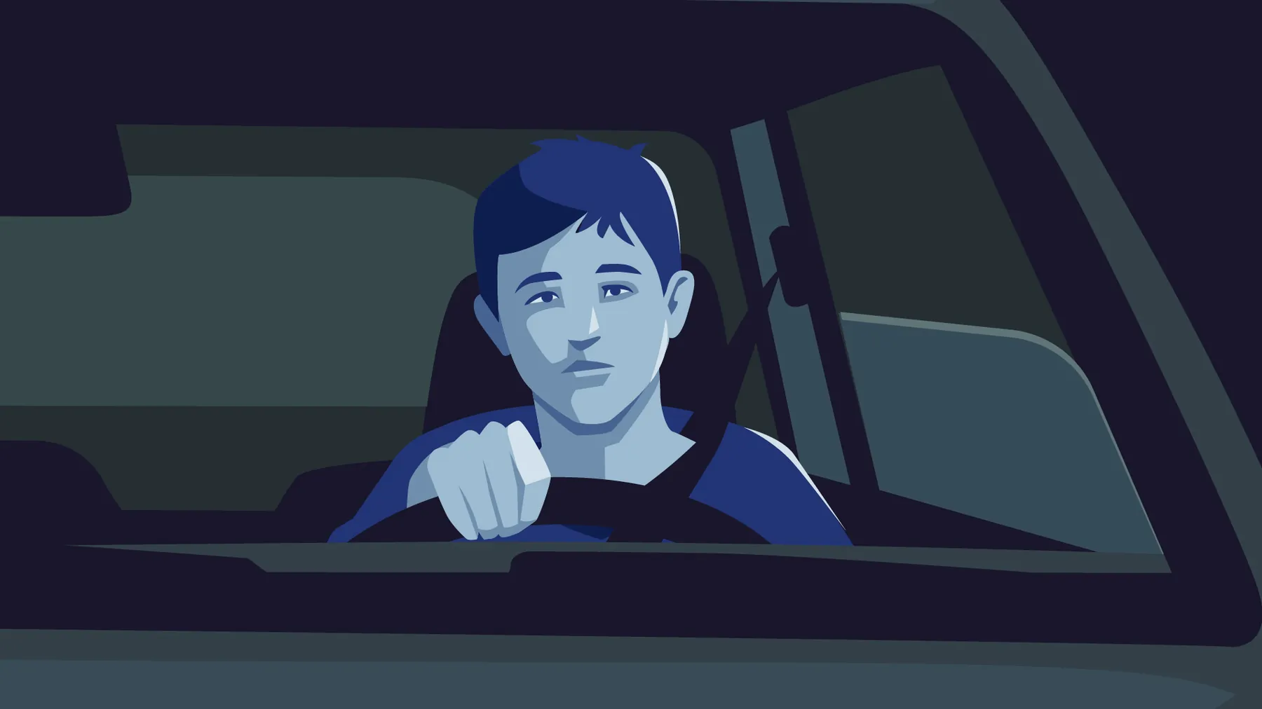 An illustrated young driver at night