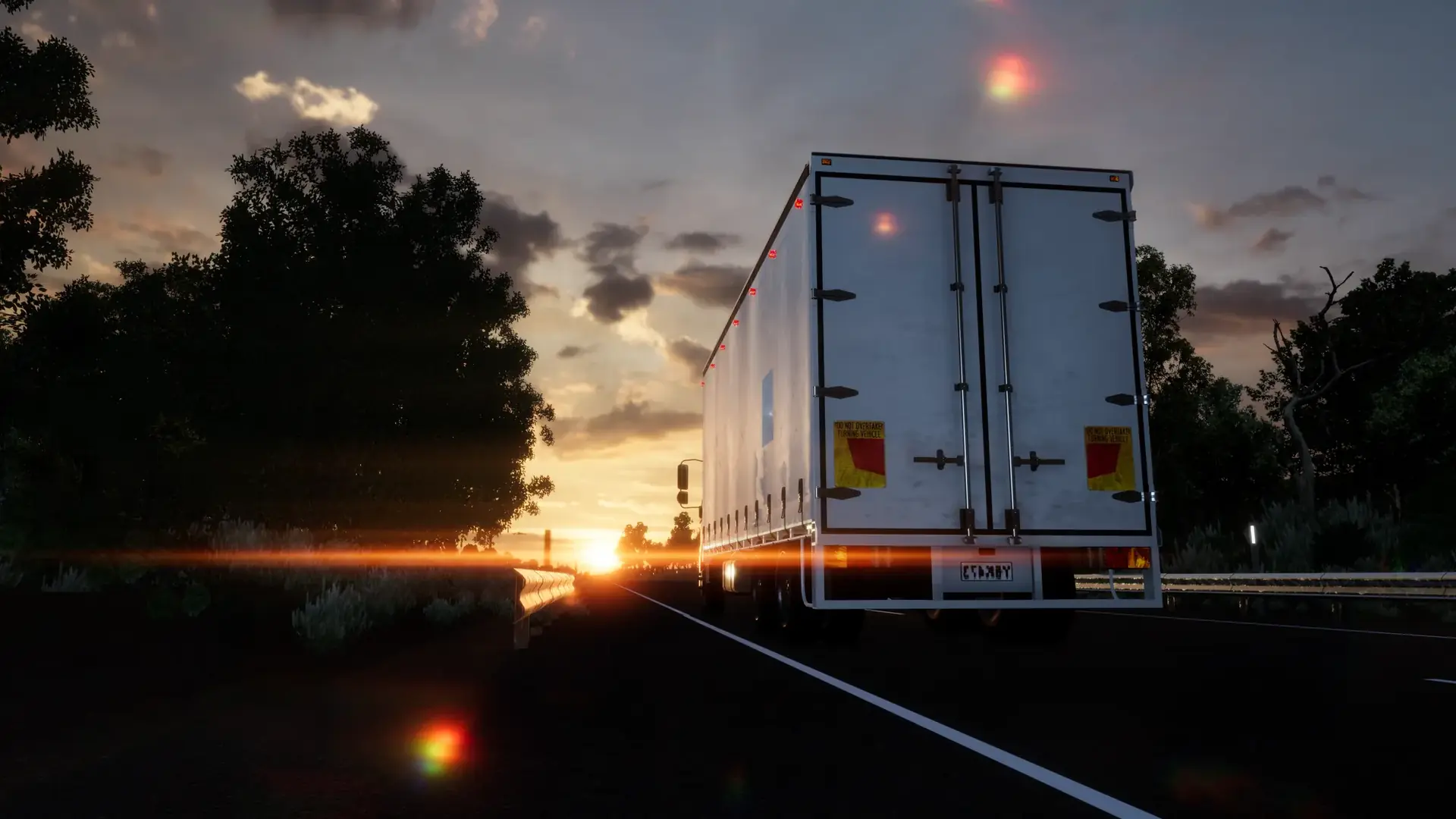 A heavy vehicle on a highway at sunset, rendered in microVerse