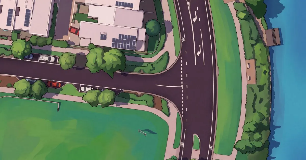 An illustrated aerial view of an intersection