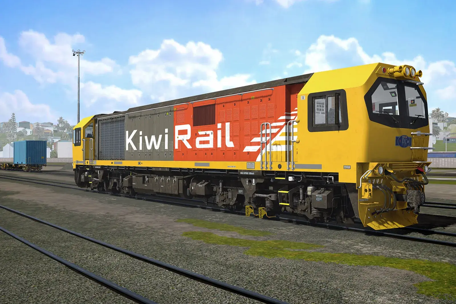 A KiwiRail locomotive in a yard
