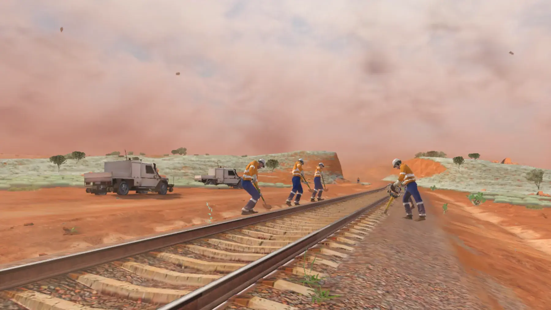 A track crew working in a dust storm
