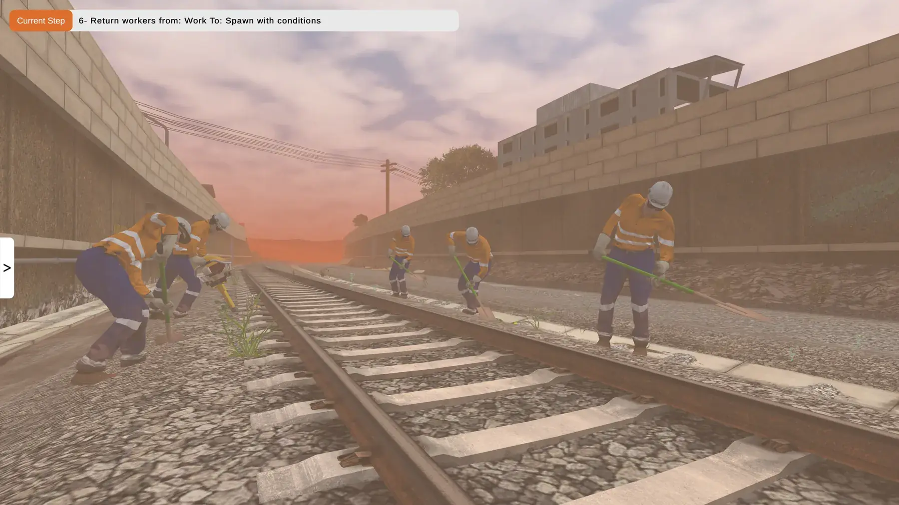 A track crew in a city rail corridor at dusk