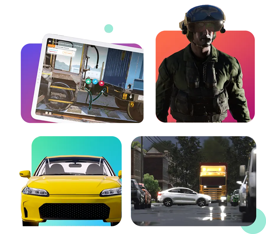 Scenes from microVerse: a workshop, a soldier, a car and a heavy vehicle