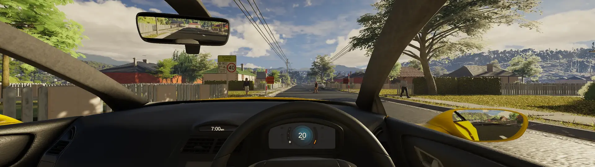 A driver’s view approaching a 40 km/h school zone with pedestrians ahead, rendered in microVerse