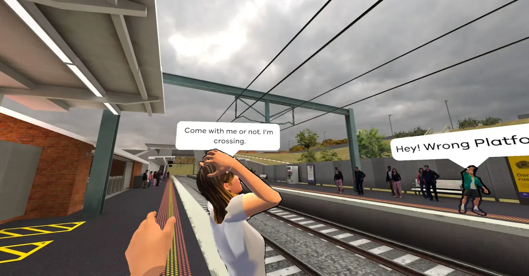 A character on a station platform about to cross the tracks