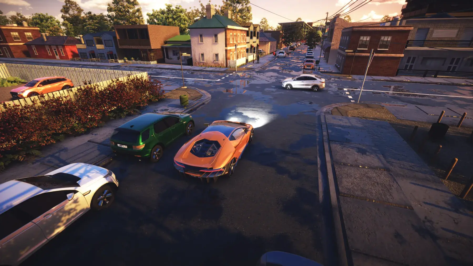 An ultra high powered car at a wet intersection, rendered in microVerse