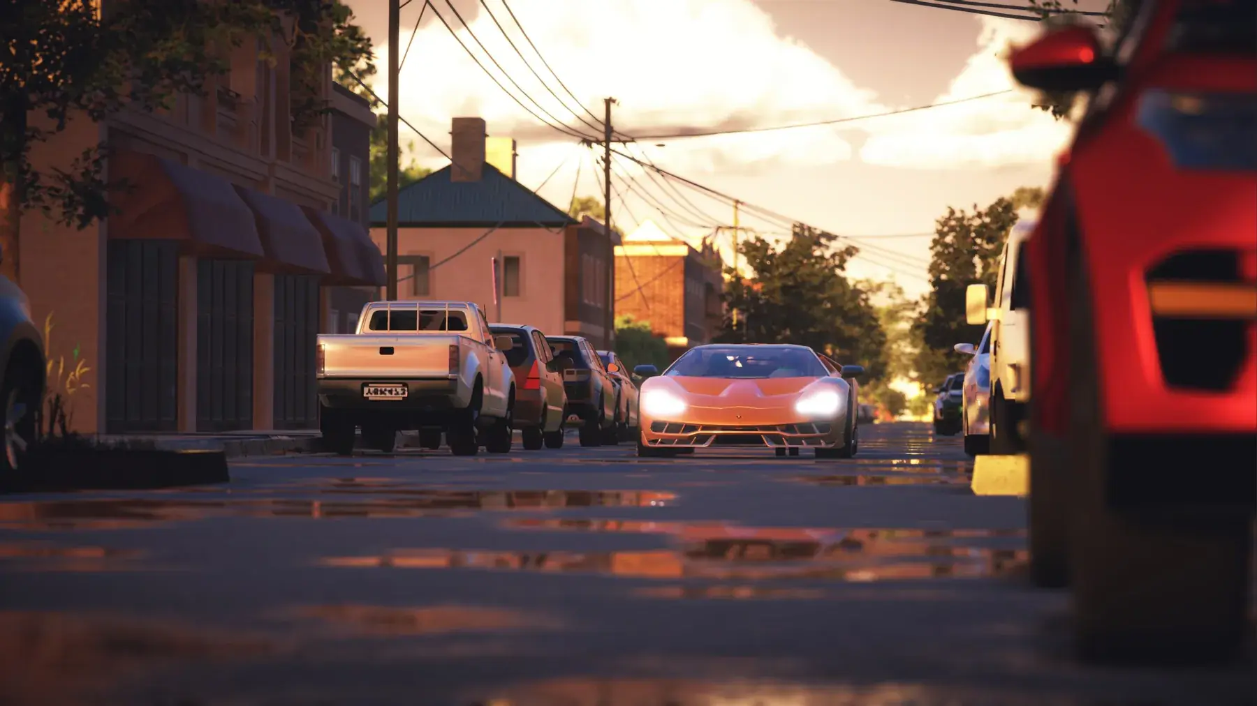 An ultra high powered car on a wet street at sunset